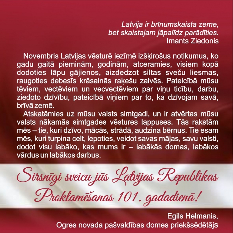 Ogres novada pašvaldība sveic Latvijas Republikas Proklamēšanas dienā