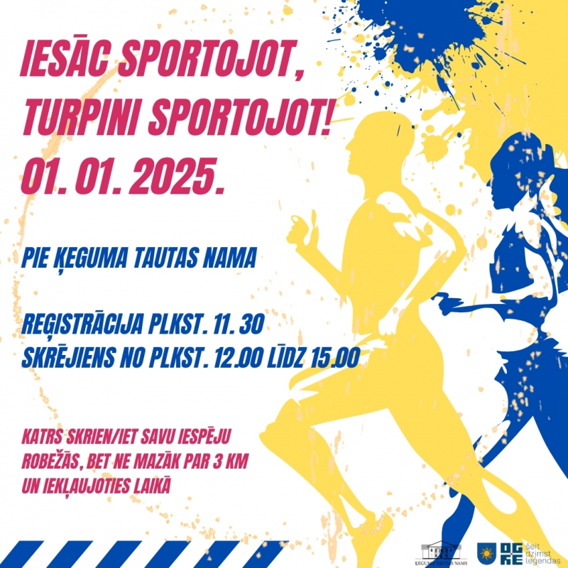 1.janvārī pie Ķeguma tautas nama pasākums Iesāc sportojot, turpini sportojot! Reģistrācija no pl.11.30. Skrējiens no pl.12.00-15.00.