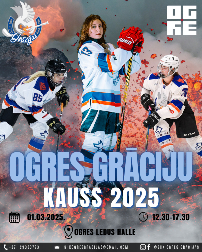 OGRES GRĀCIJU KAUSS 2025 – Hokeja svētki Ogres ledus hallē 1. martā no pl. 12.30 līdz 17.30