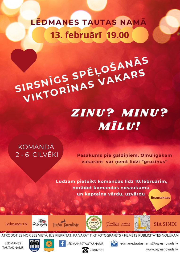 Sirsnīgs spēļošanās viktorīnas vakars Zinu? Minu? Mīlu! Lēdmanes Tautas namā 13. februārī pl. 19.00