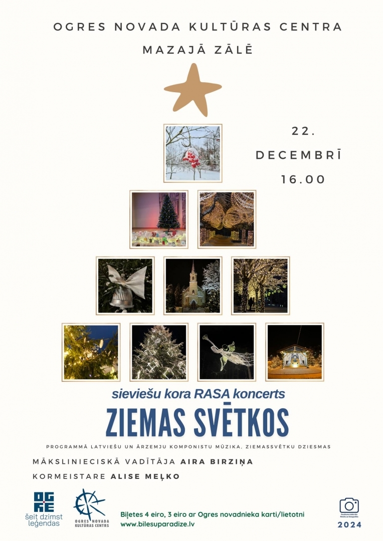 Sieviešu kora Rasa koncerts Ziemas svētlos Ogres novada Kultūras centra mazajā zālē 22. decembrī pl. 16.00