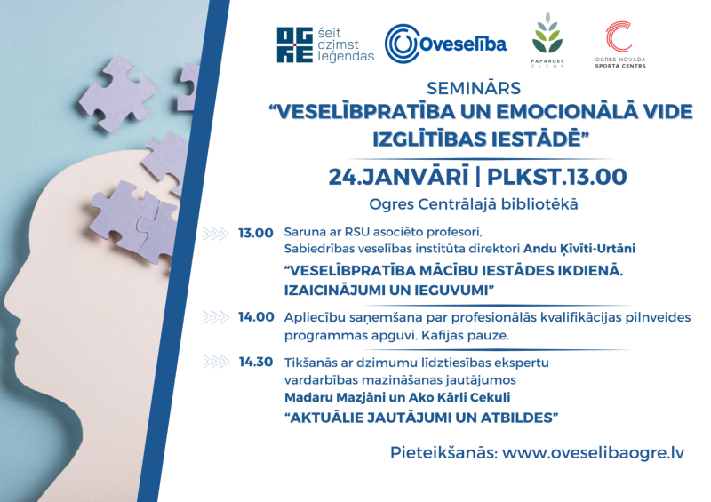 Seminārs Veselībpratīva un emocionālā vide izglītības iestādē Ogres Centrālajā bibliotēkā 24.janvārī pl.13.00