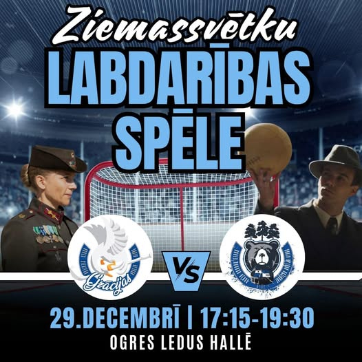 Ziemassvētku labdarības spēle hokejā Ogres ledus hallē 29.decembrī no 17.15 līdz 19.30