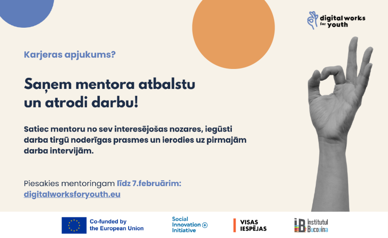 Sociālais uzņēmums “Visas Iespējas” informē, ka šobrīd norisinās uzsaukums programmai “Digital Works for Youth”, kas paredzēta jauniešiem vecumā 18-29 gadiem, kuri šobrīd neatrodas izglītībā, kā arī pagaidām nestrādā.