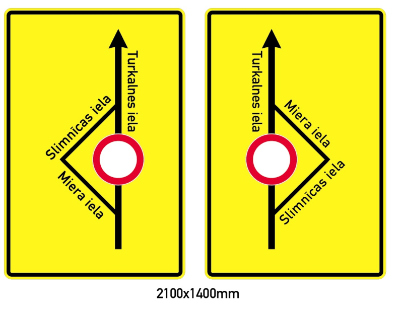 Divas dzeltenas ceļazīmes ar apbraukšanas ceļu shēmu