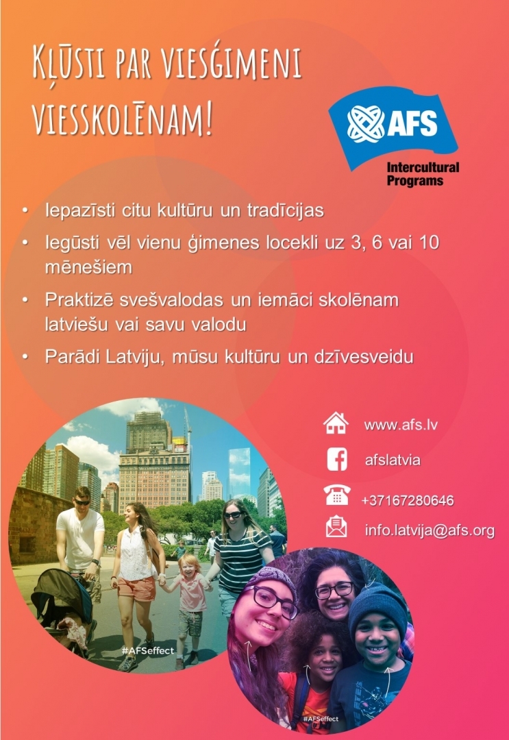 AFS meklē viesģimenes Latvijā, informatīvs plakāts
