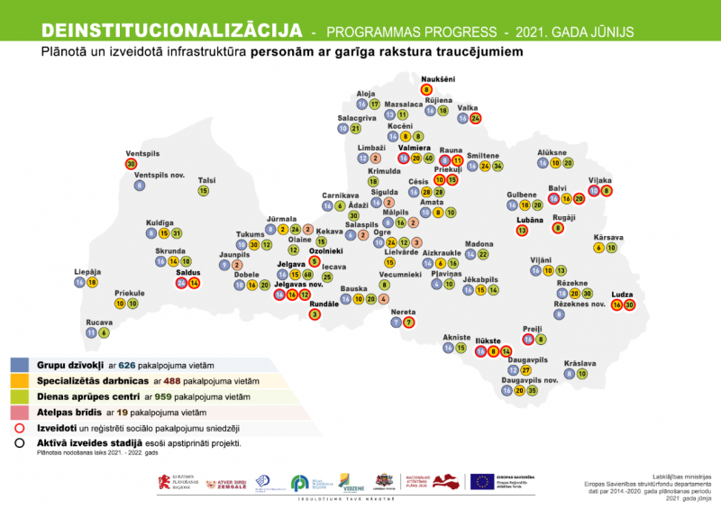 Latvijas karte ar iezīmētu plānoto un izveidoto infrastruktūru personām ar garīga rakstura traucējumiem