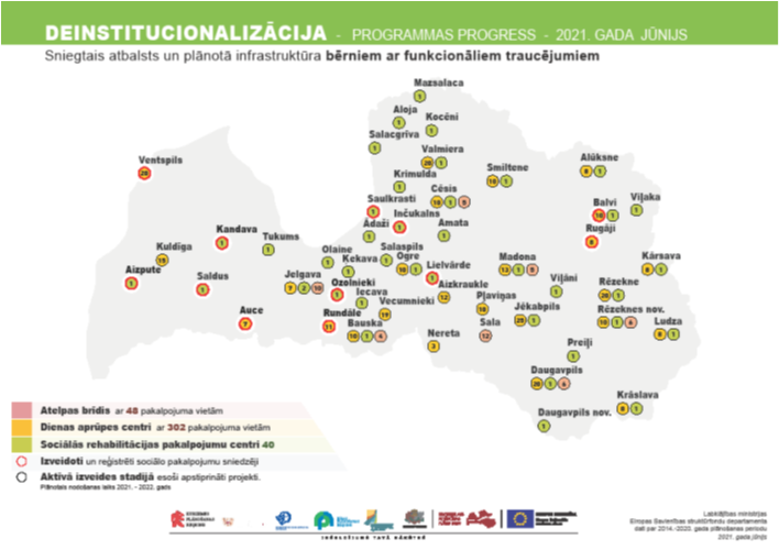 Latvijas karte ar iezīmētu sniegto atbalstu un plānoto infrastruktūru bērniem ar funkcionāliem traucējumiem