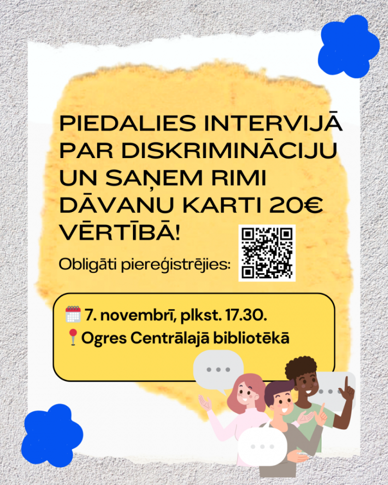 Plakāts oranžā krāsā ar aicinājumu piedalīties diskusijā par diskrimināciju. Apakšā animēti dažādi cilvēki ar atšķirīgu ādas krāsu un matu krāsu.