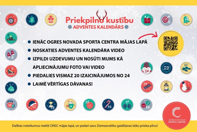 Afiša Sporta centra organizētam kustību Adventes kalnedāram. 