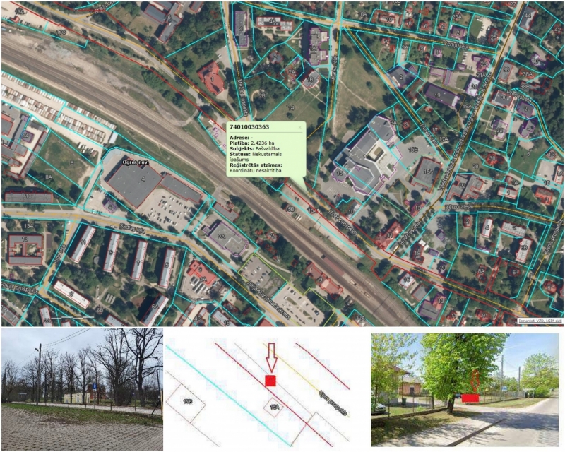 Attēlu kolāža: Upes prospekts novietojums kartē, autostāvvieta 10.2024.