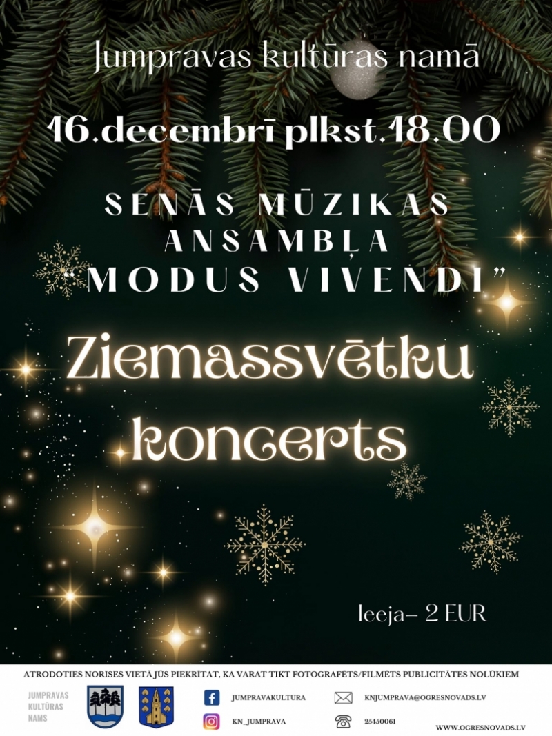 Senās mūzikas ansambļa “Modus Vivendi” Ziemassvētku koncerts Jumpravā plakāts 16.12.2023