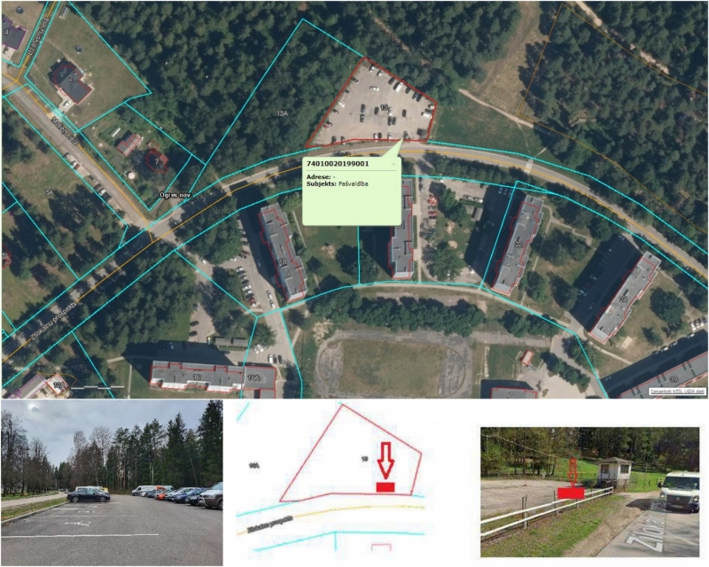 Attēlu kolāža: Zilokalnu pr. 13, Ogre atrašanās vieta, stāvvieta ar automašīnām 10.2024.