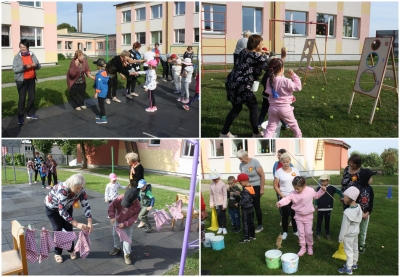 Attēlu kolāža-seniori vingro un spēlē spēles kopā ar bērniem 08.2024.