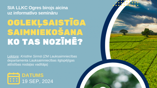 Afiša: SIA LLKC Ogres birojs aicina uz informatīvo semināru “Oglekļsaistīga saimniekošana – ko tas nozīmē?”