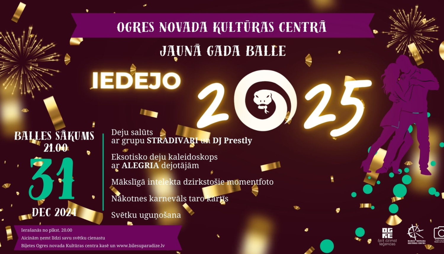 Jaungada balle IEDEJO 2025 Ogres novada Kultūras centrā 31.decembrī pl.21.00