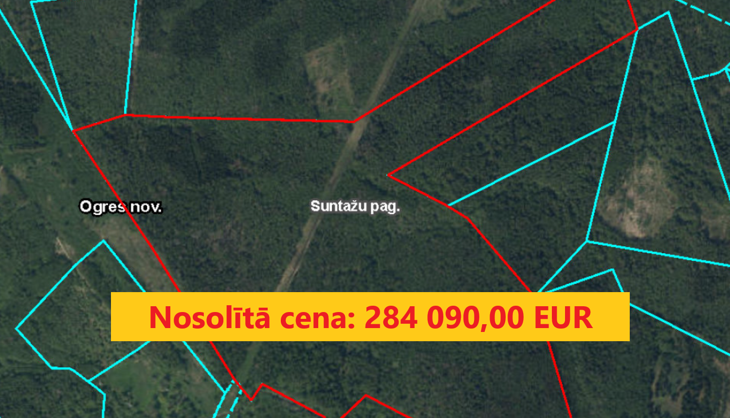 Izsoles rezultāts mežaudzes cirsmām nekustamajā īpašumā Vecduntes Suntažu pagastā. Nosolītā cena 284090,00 eiro