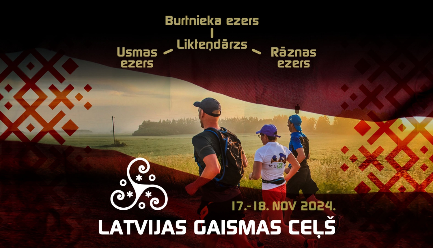 Afiša skrējienam 18. novembrī "Latvijas Gaismas Ceļš", fonā 3 skrējēji no mugurpuses