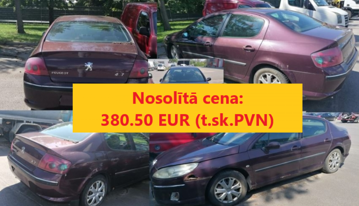 Automašīnas Peugeot 407 izsoles rezultāts - nosolītā cena 380,50 eur, fonā automašīnas fotogrāfiju kolāža